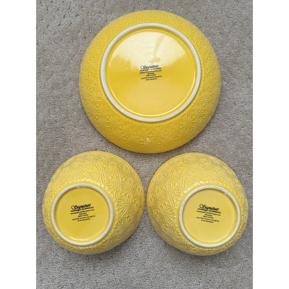 SIGNATURE Brand Embossed Yellow Teal Interior Design Ceramic Bowls (3 in Set)